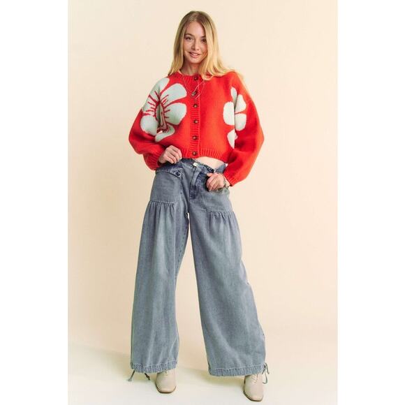 Davi & Dani Flower Contrast Round Neck Long Sleeves Cropped Cardigan | Orange - Picture 6 of 7